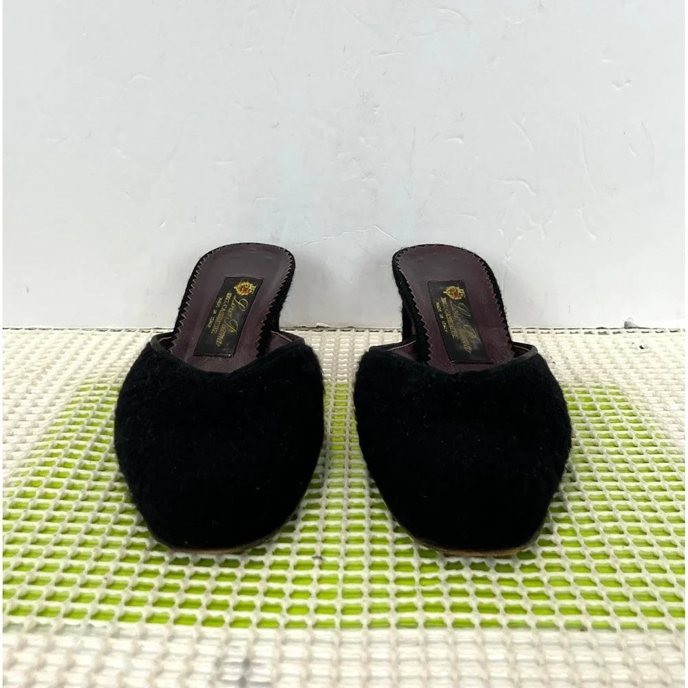 Loro Piana Kitten Heel Mules Women's 37 Black 100% Cashmere Almond Toe